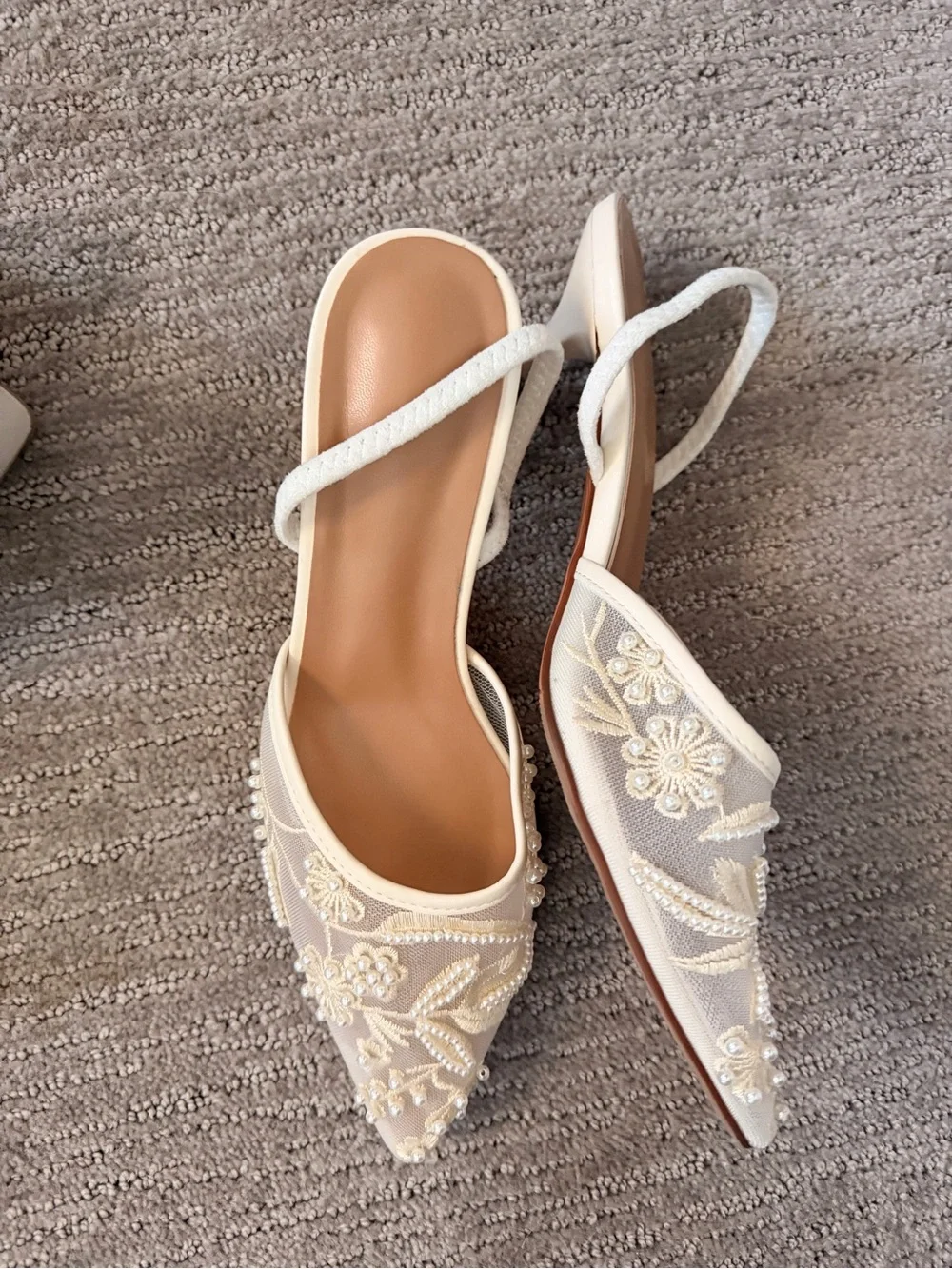 Beaded Ivory Pointed-Toe Slingback Flats
